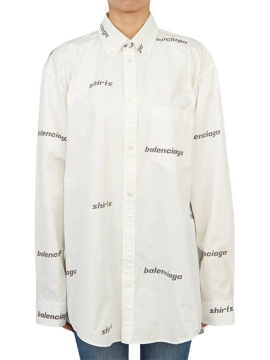 Luxury Balenciaga Printed Logo Allover Cotton Long Sleeve Shirt White