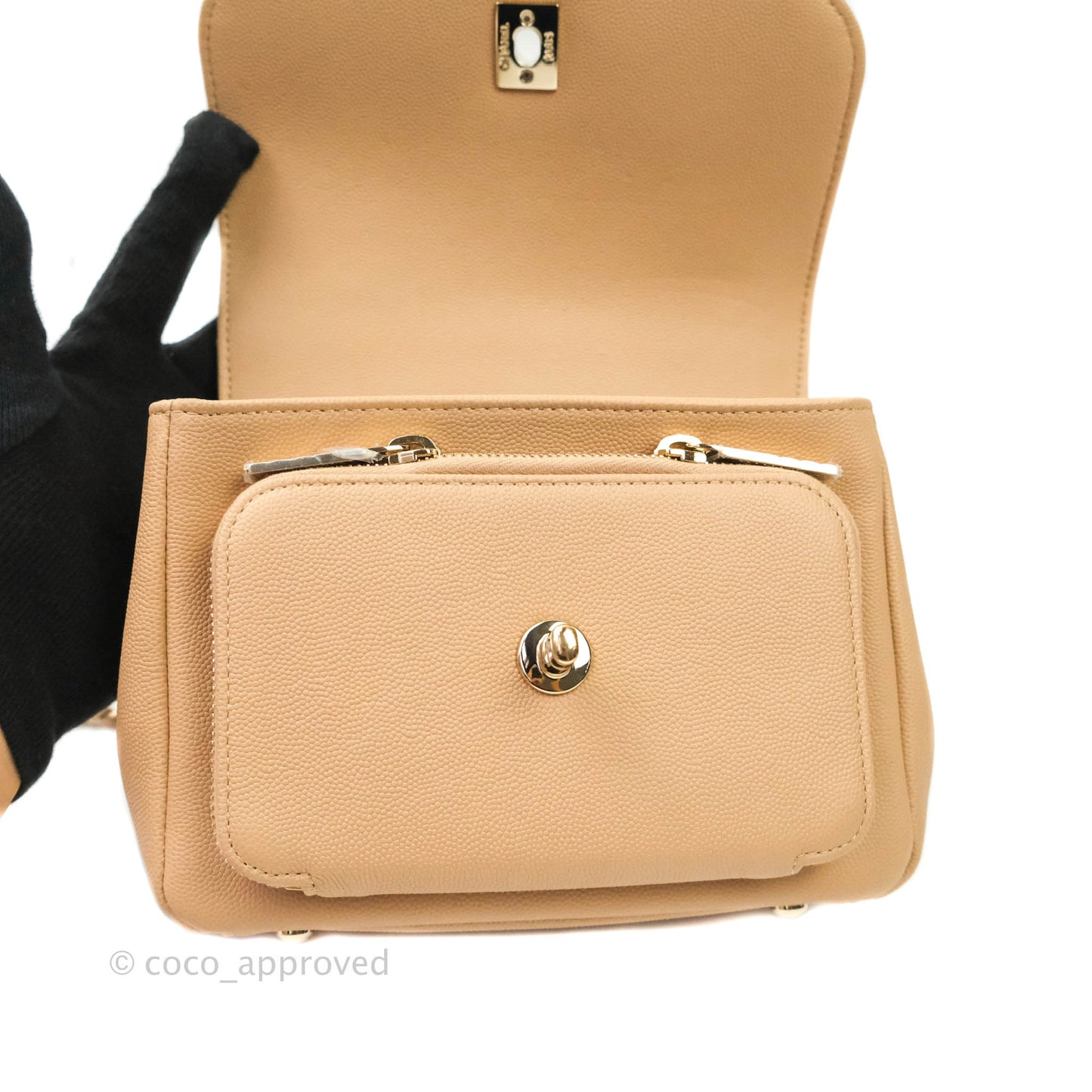 Chanel Quilted Small Business Affinity Flap Beige Caviar Light Gold Hardware