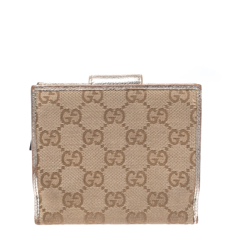 Luxury Gucci Trending 2025 Beige/metallic Gold Gg Canvas Abbey D Ring Compact Wallet..