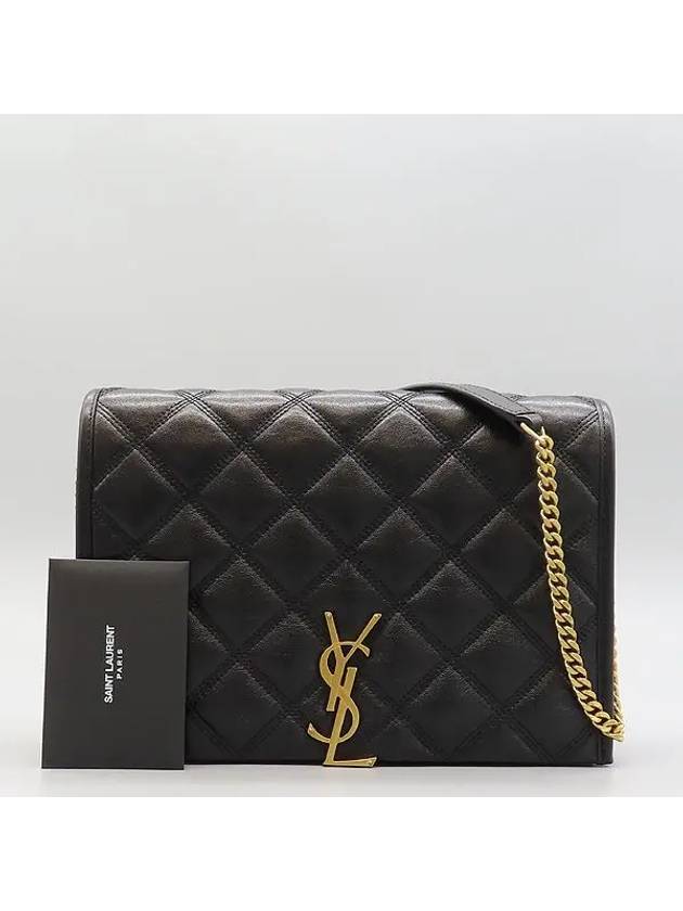 Luxury Saint Laurent 650769 Black leather monogram quilted gold chain mini Becky shoulder bag