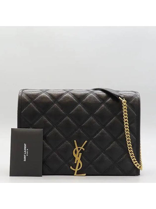 Luxury Saint Laurent 650769 Black leather monogram quilted gold chain mini Becky shoulder bag