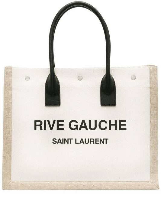 Luxury Saint Laurent Rive Gauche Logo Linen Leather Small Tote Bag Beige