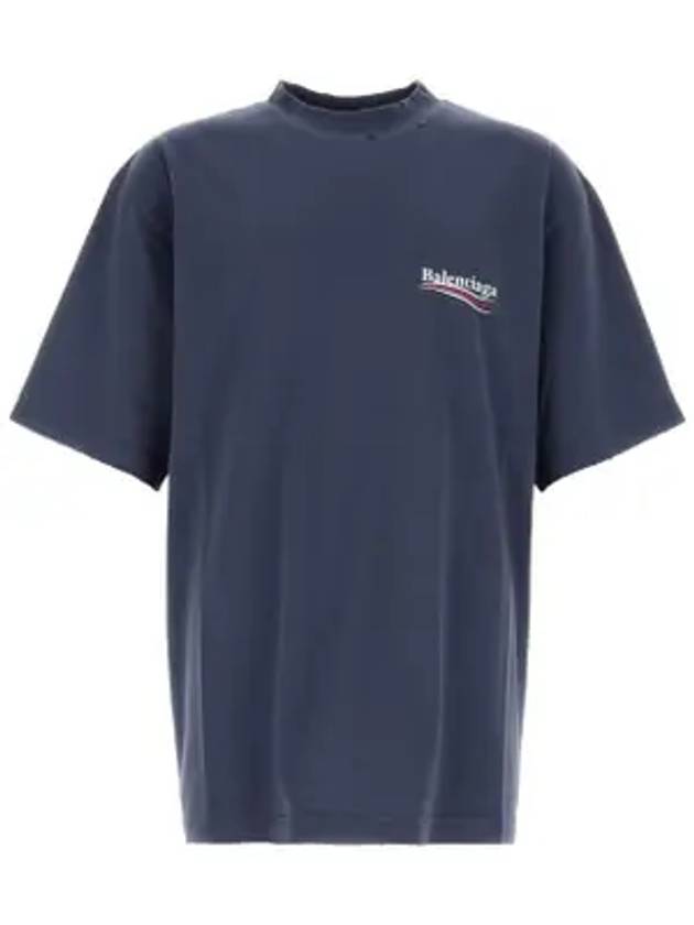 Luxury Balenciaga Political Campaign Logo Print Short Sleeve T-Shirt Washed Blue