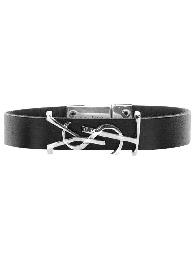 Luxury Saint Laurent Opyum Silver Logo Leather Bracelet Black