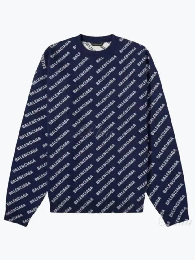 Luxury Balenciaga Allover Logo Crew Sweatshirt Navy