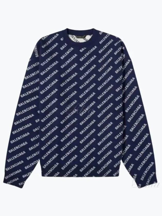 Luxury Balenciaga Allover Logo Crew Sweatshirt Navy