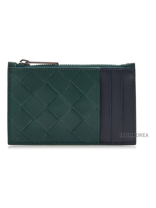Luxury Bottega Veneta Intrecciato Zippered Leather Card Wallet Dark Green Navy
