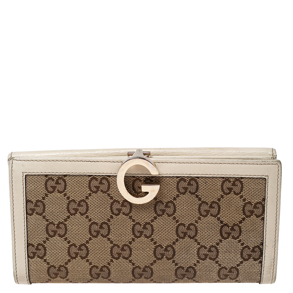Luxury Gucci Trending 2025 White/beige Gg Canvas And Leather G Bit Flap Continental Wallet..