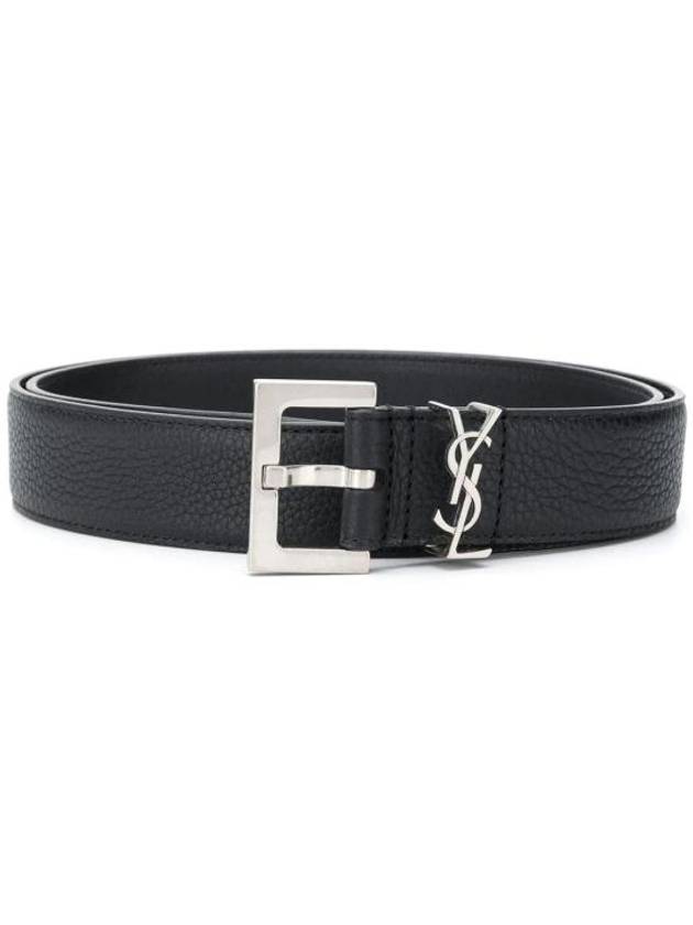 Luxury Saint Laurent Grained Leather Silver Monogram Belt Black