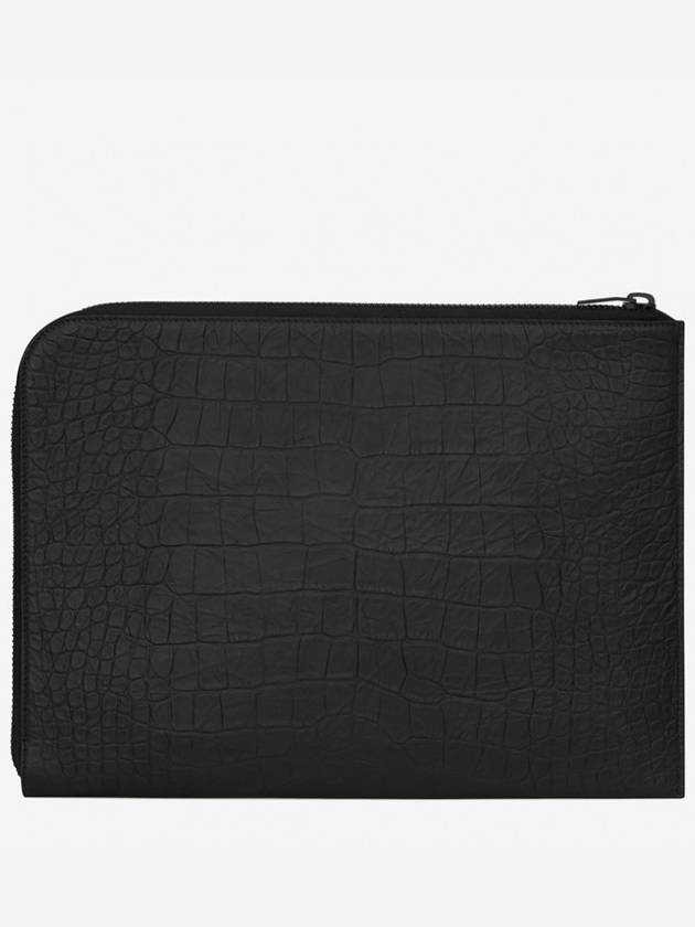 Luxury Saint Laurent Zipper Detail Logo Crocodile Clutch Bag Black
