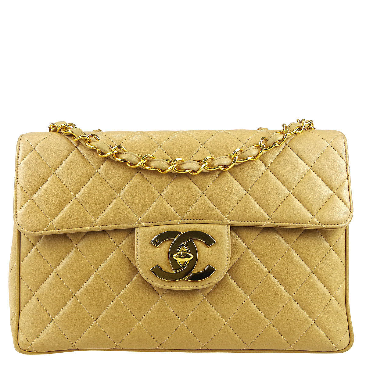 Luxury Chanel 1994-1996 * Classic Flap Jumbo Double Chain Shoulder Bag Beige Lambskin