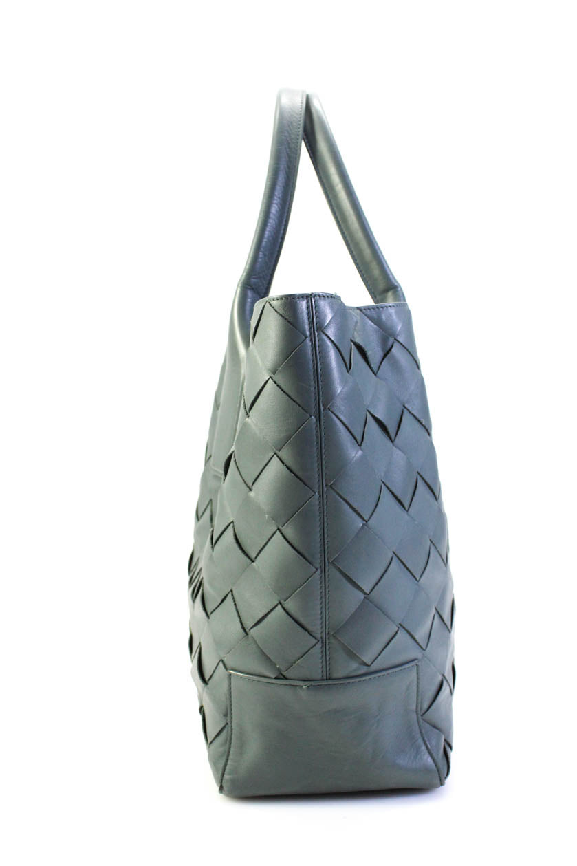 Luxury Bottega Veneta Womens Lambskin Large Cabat Tote Handbag Teal Gray