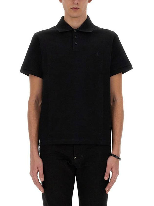 Luxury Saint Laurent Men's Monogram Cotton Short Sleeve Polo Shirt Black
