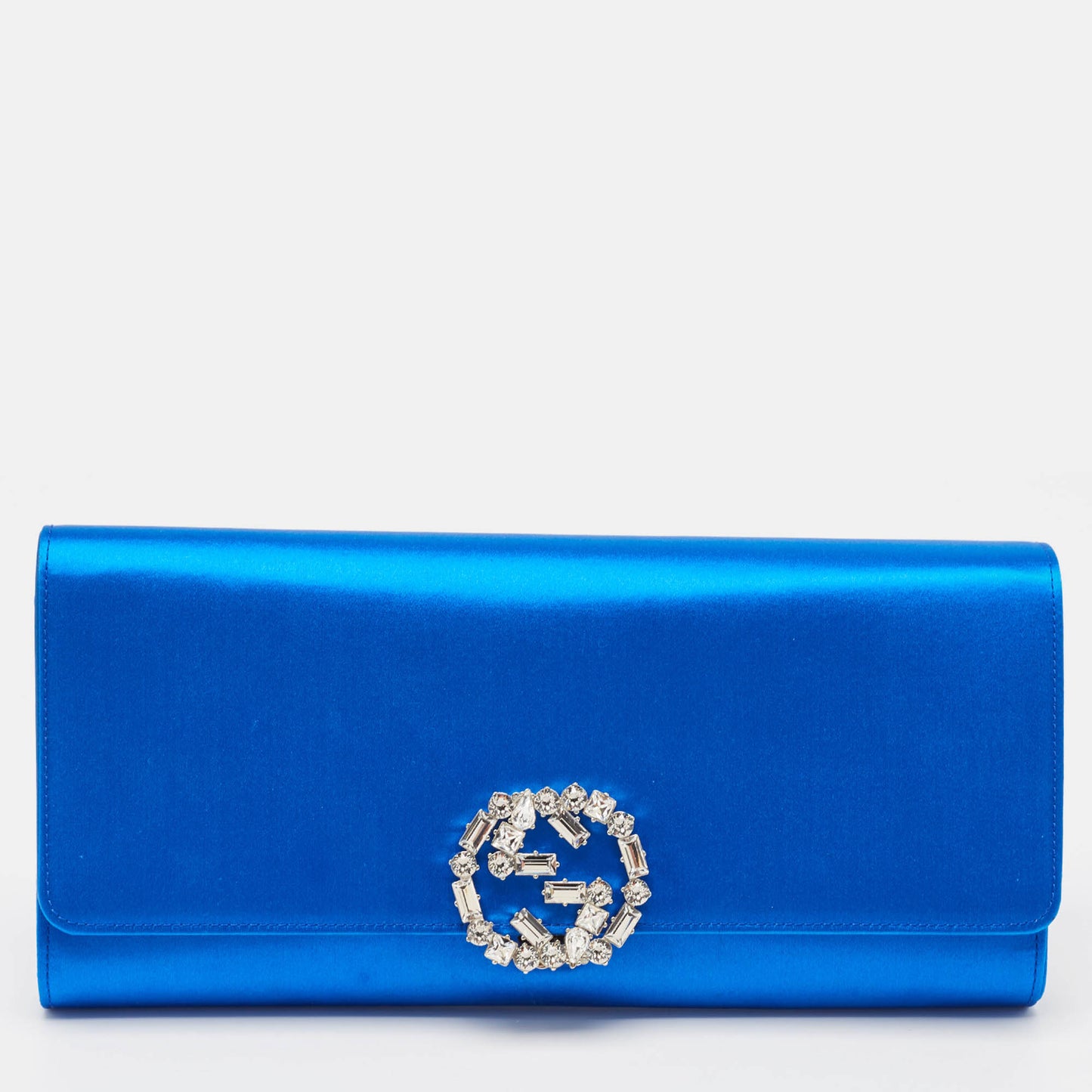 Luxury Gucci Trending 2025 Royal Blue Satin Gg Crystals Broadway Clutch..