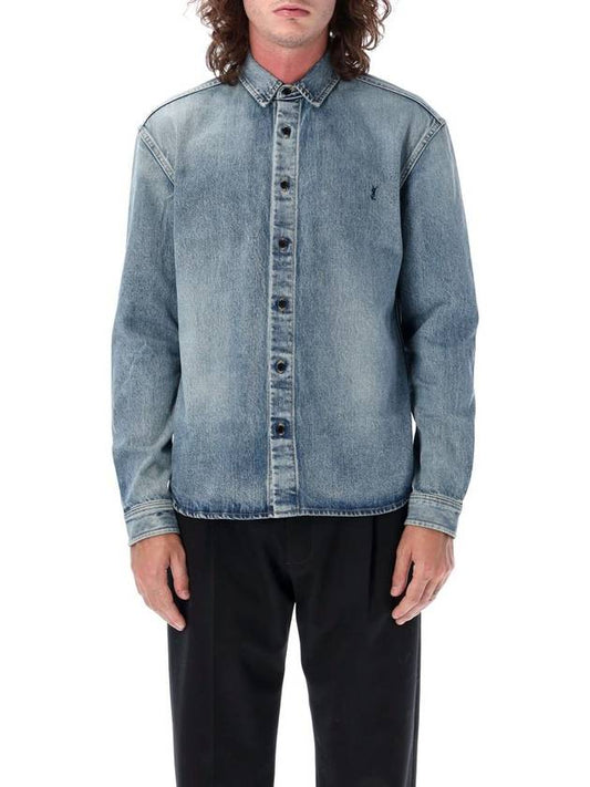Luxury Saint Laurent Men's Cassandre Logo Denim Long Sleeve Shirt Blue