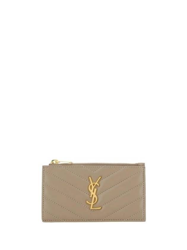 Luxury Saint Laurent Monogram Logo Plaque Zip-Up Card Wallet Dusty Grey