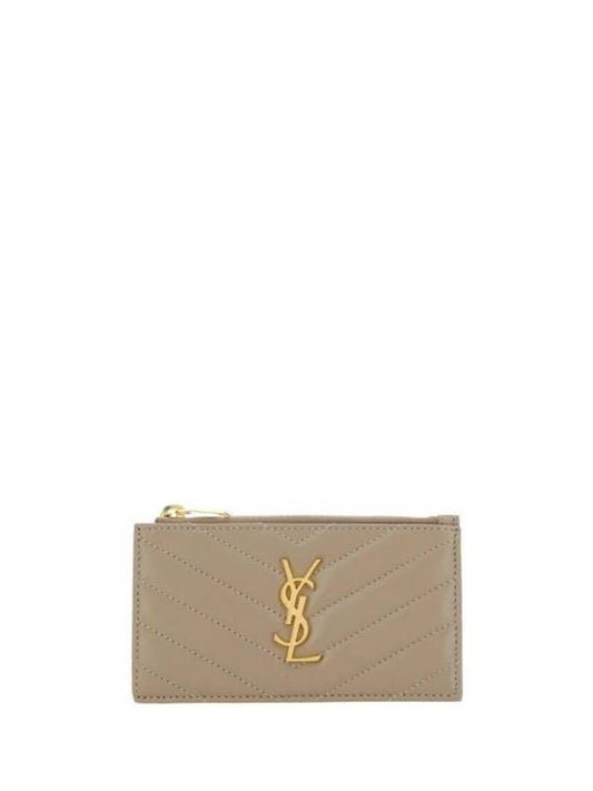 Luxury Saint Laurent Monogram Logo Plaque Zip-Up Card Wallet Dusty Grey