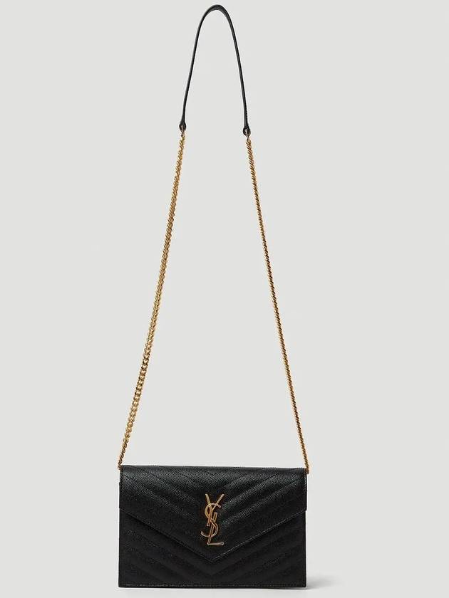 Luxury Saint Laurent Grain De Poudre Embossed Envelope Chain Long Wallet Black