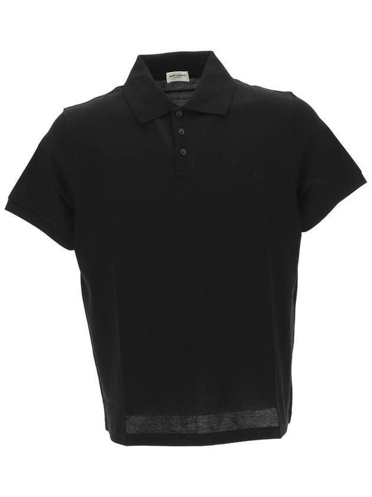 Luxury Saint Laurent Men's Monogram Cotton Short Sleeve Polo Shirt Black