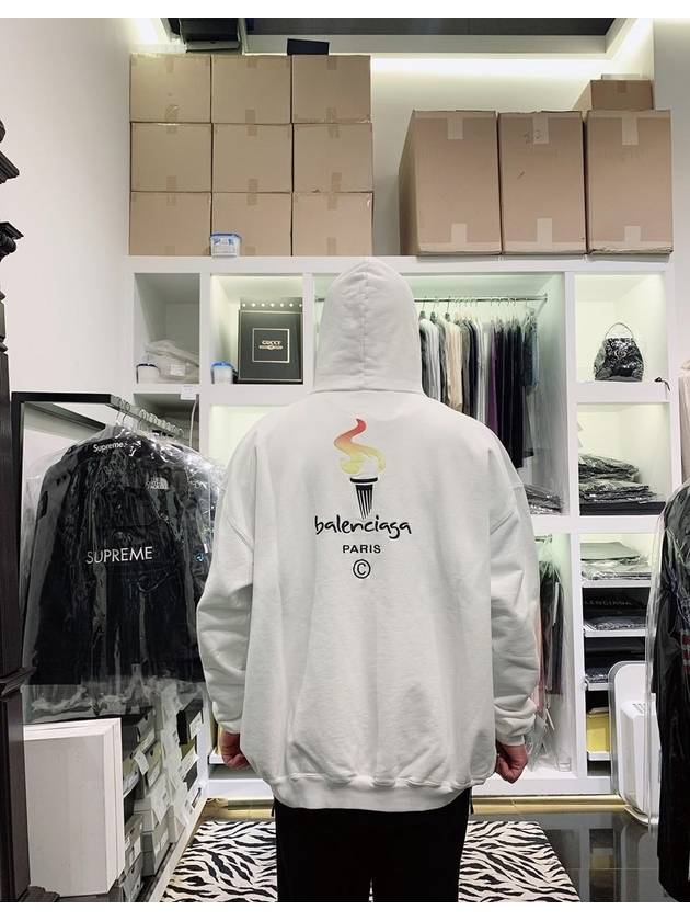 Luxury Balenciaga Embroidered Flame Logo Hoodie White