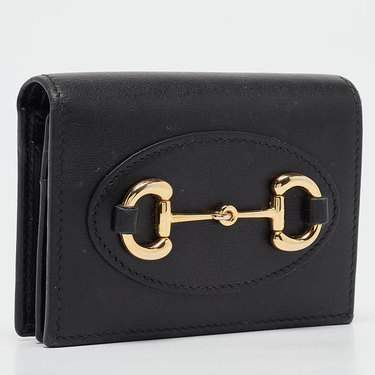 Luxury Gucci Trending 2025 Black Leather Limited Edition Horsebit 1955 Compact Wallet..