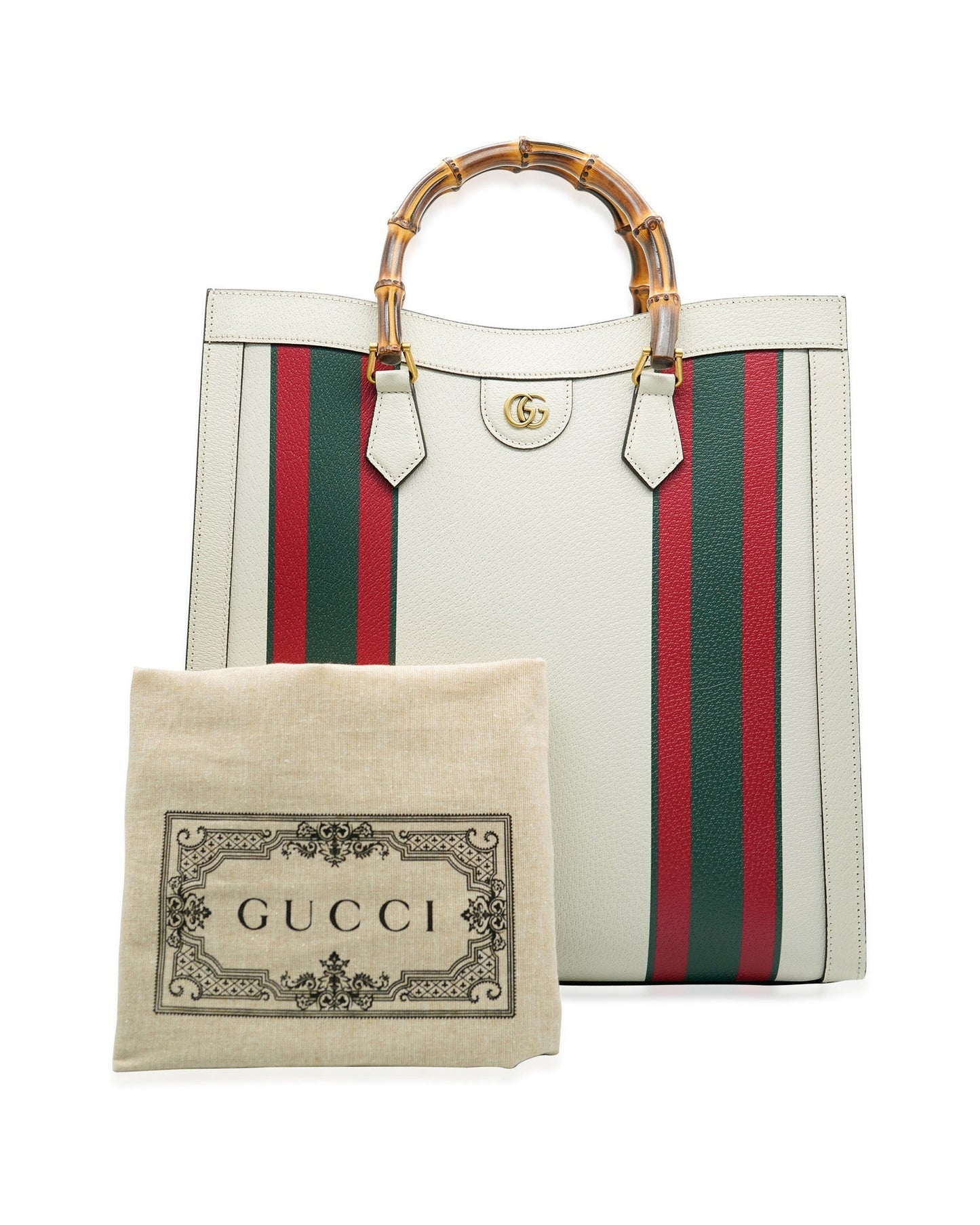 Luxury Gucci Trending 2025 White Textured Dollar Calfskin Web Large Diana Tote