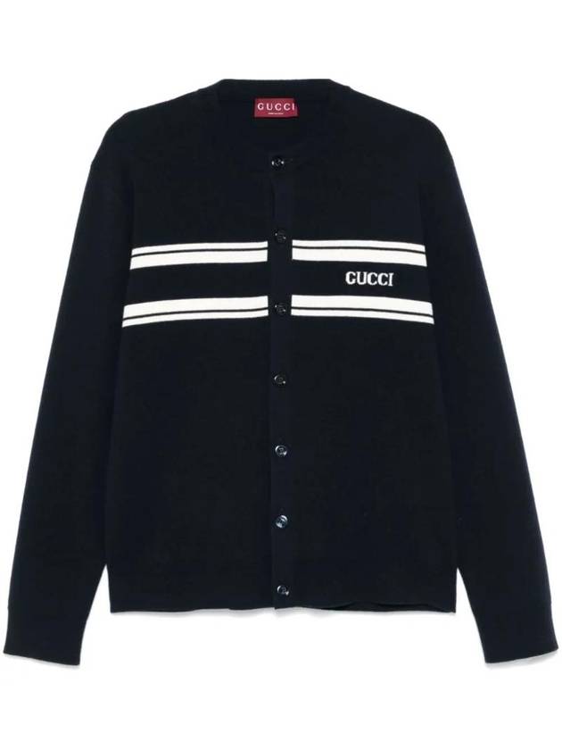 Luxury Gucci Trending 2025 Striped Logo Crew Neck Wool Cashmere Cardigan Navy