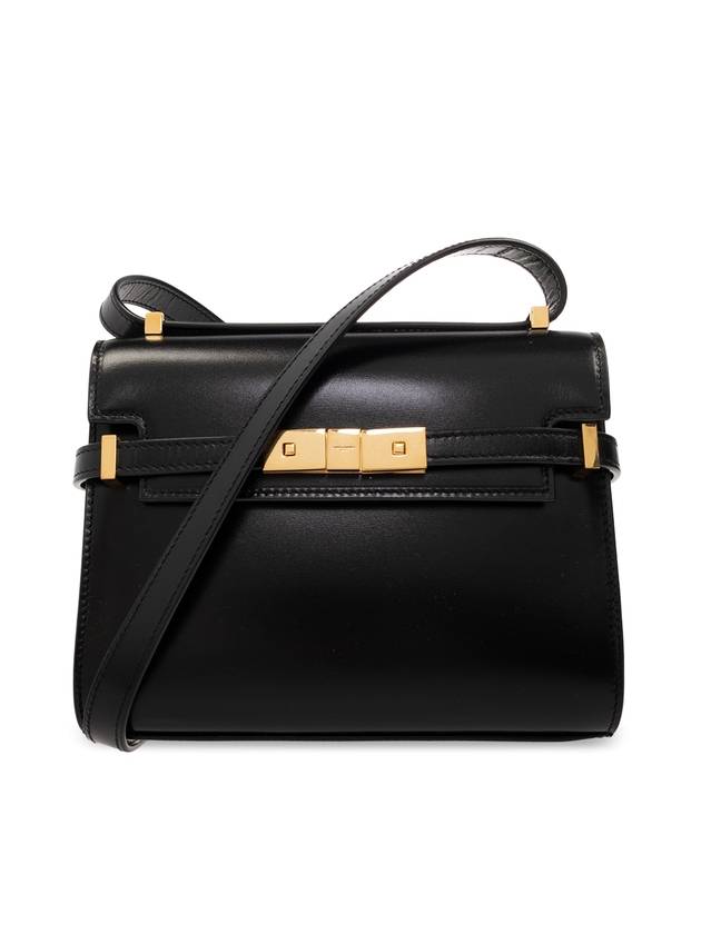 Luxury Saint Laurent Manhattan Mini Embossed Gold-Tone Logo Leather Cross Bag Black
