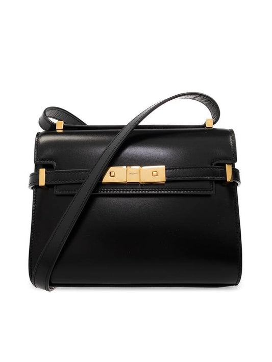 Luxury Saint Laurent Manhattan Mini Embossed Gold-Tone Logo Leather Cross Bag Black