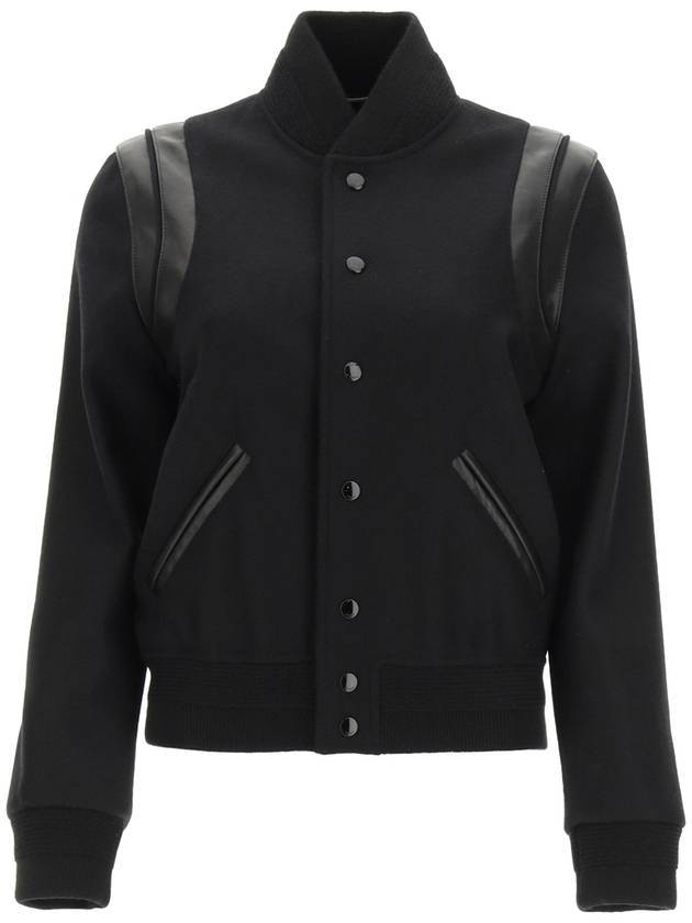 Luxury Saint Laurent Women's Wool Varsity Bomber Jacket Black