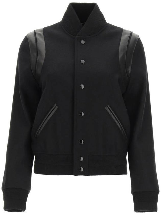 Luxury Saint Laurent Women's Wool Varsity Bomber Jacket Black