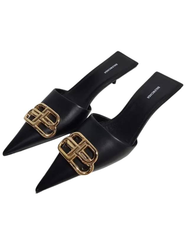 Luxury Balenciaga Gold BB Logo Mule Heel Black