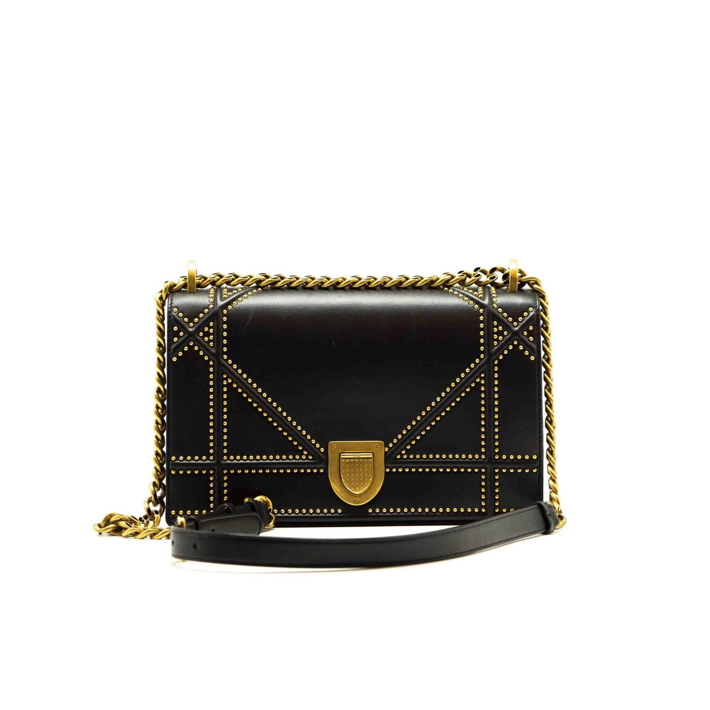 Luxury Dior Black Leather Medium Studded Luxury Diorama Shoulder Bag