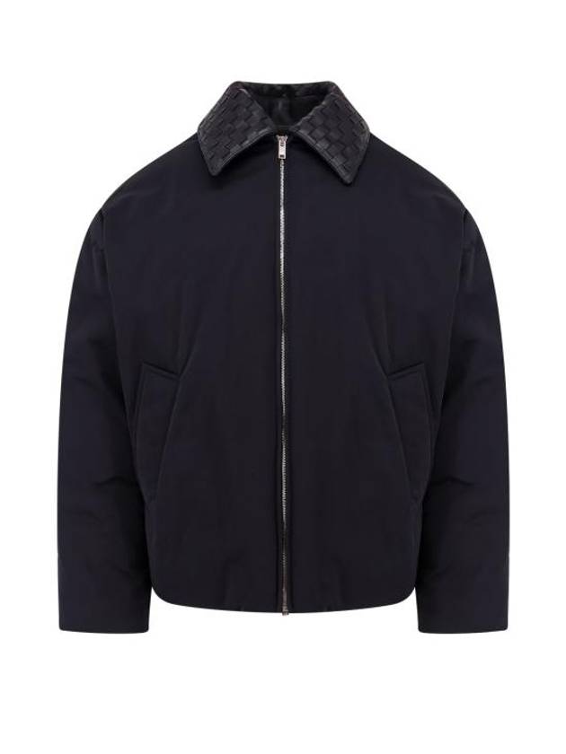 Luxury Bottega Veneta Intrecciato Leather Collar Tech Nylon Puffer Jacket Black