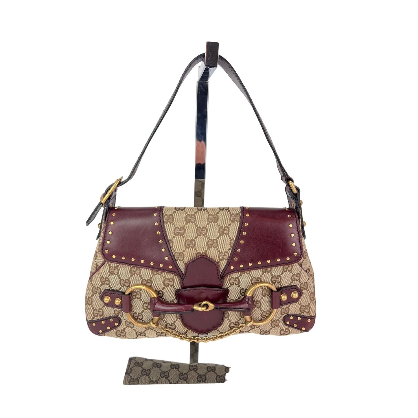 Luxury Gucci Trending 2025 Monogram GG Horsebit Chain Studded Burgundy Flap Shoulder Bag
