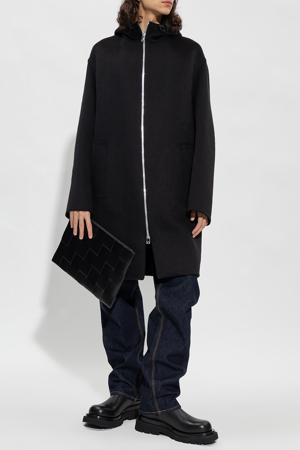 Luxury Bottega Veneta New Men's Wool Zip Up Coat In Black With Hood