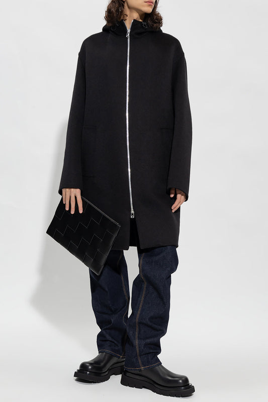 Luxury Bottega Veneta New Men's Wool Zip Up Coat In Black With Hood