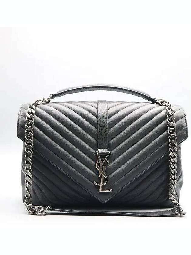 Luxury Saint Laurent 600278 Black leather YSL silver logo decoration COLLEGE large L size tote bag shoulder strap 2WAY