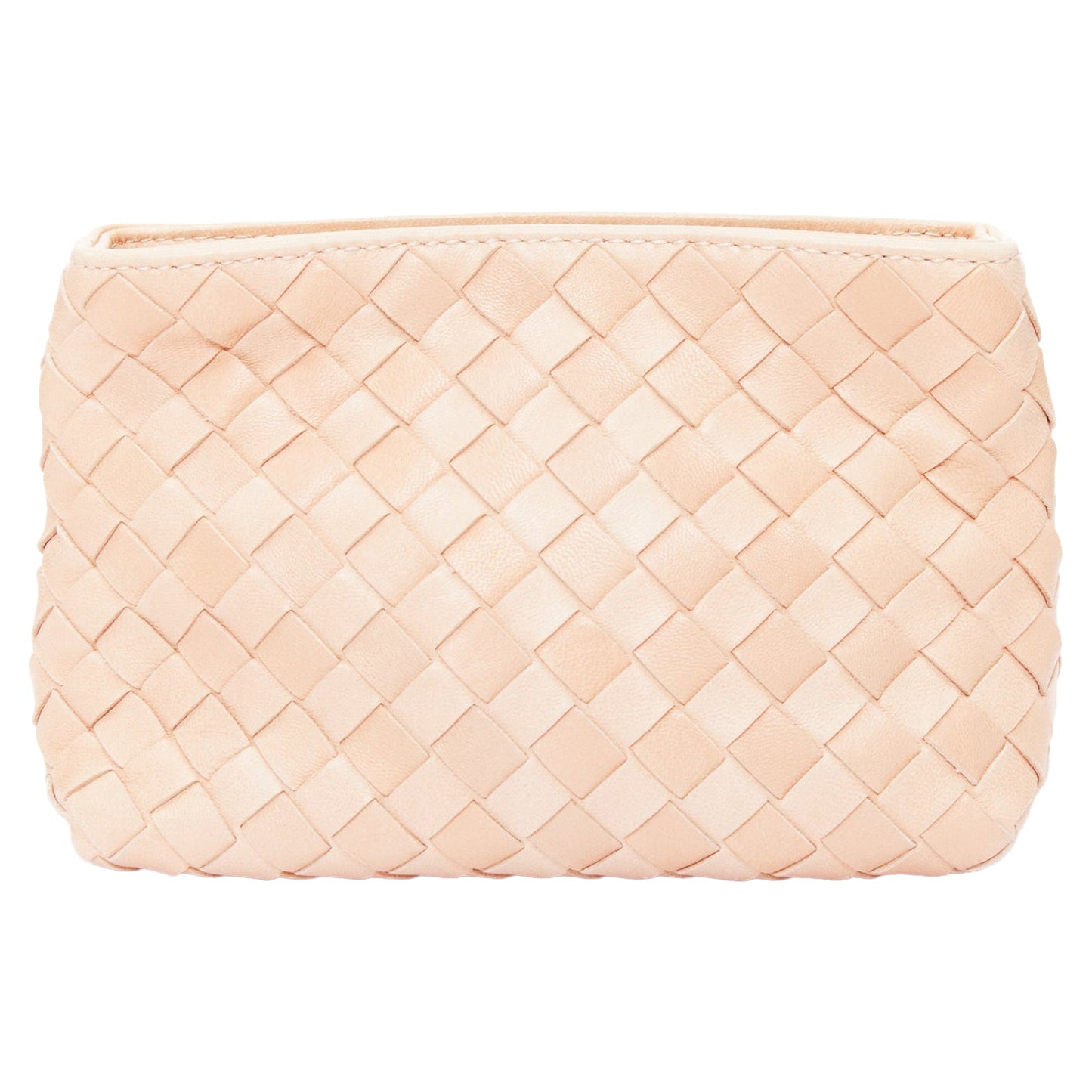 Luxury Bottega Veneta light nude intrecciato leather woven zip pouch