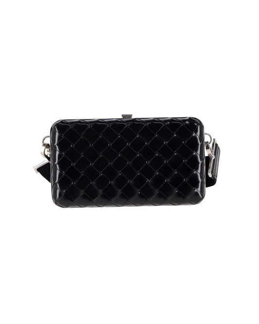 Luxury Bottega Veneta Intrecciato Weave Clutch Crossbody Bag in Black Leather