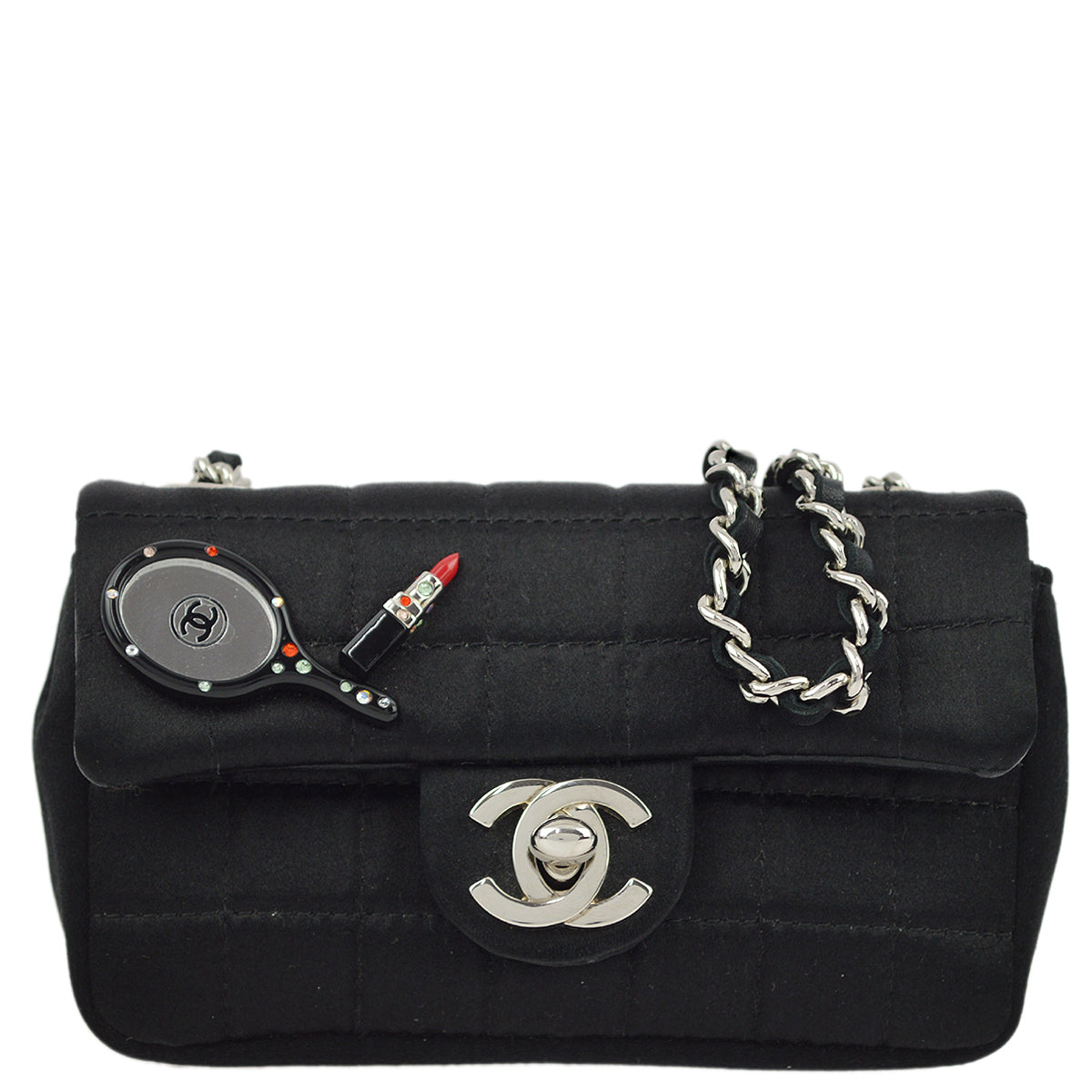 Luxury Chanel Black Satin Choco Bar Single Chain Shoulder Bag