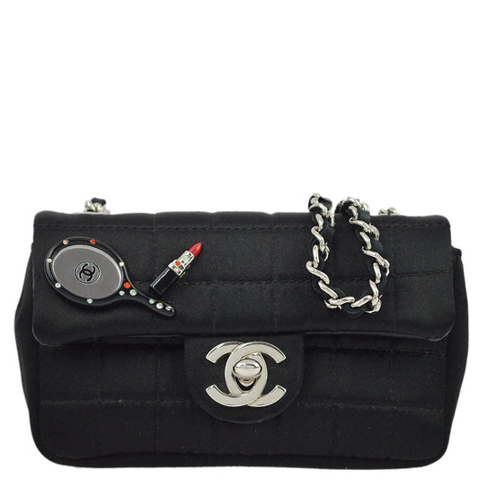 Luxury Chanel Black Satin Choco Bar Single Chain Shoulder Bag
