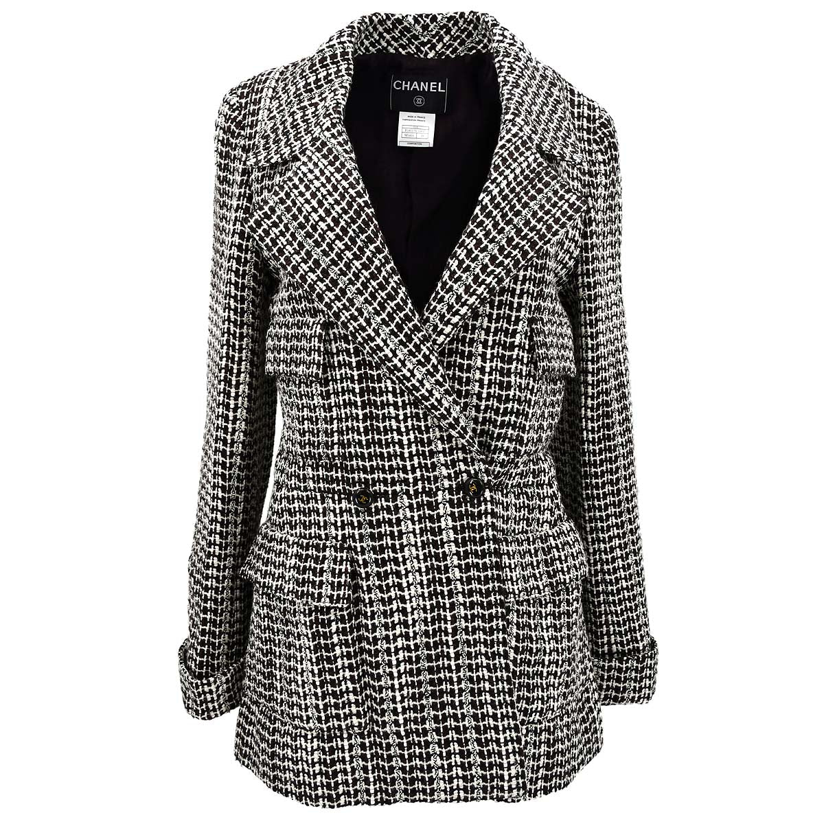 Chanel Double Breasted Jacket Black Tweed 01A #38