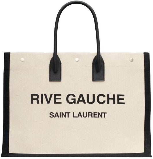 Luxury Saint Laurent Men's Rive Gauche Print Tote Bag in Greggio/Nero/Nero | 509415FAAVU9083