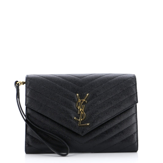 Luxury Saint Laurent Classic Monogram Envelope Wristlet Clutch Matelasse Chevron Leather