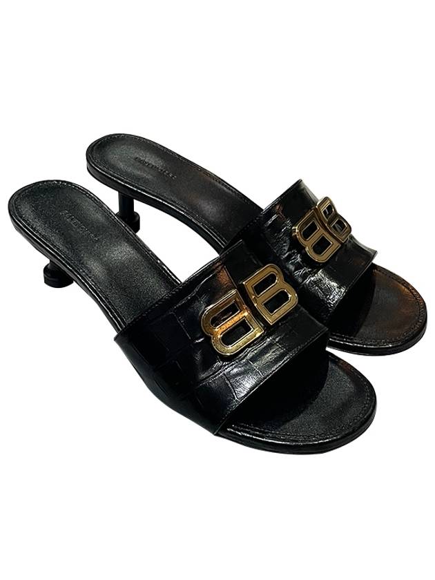 Luxury Balenciaga Crocodile Print Leather Groupie Sandal Heels Black