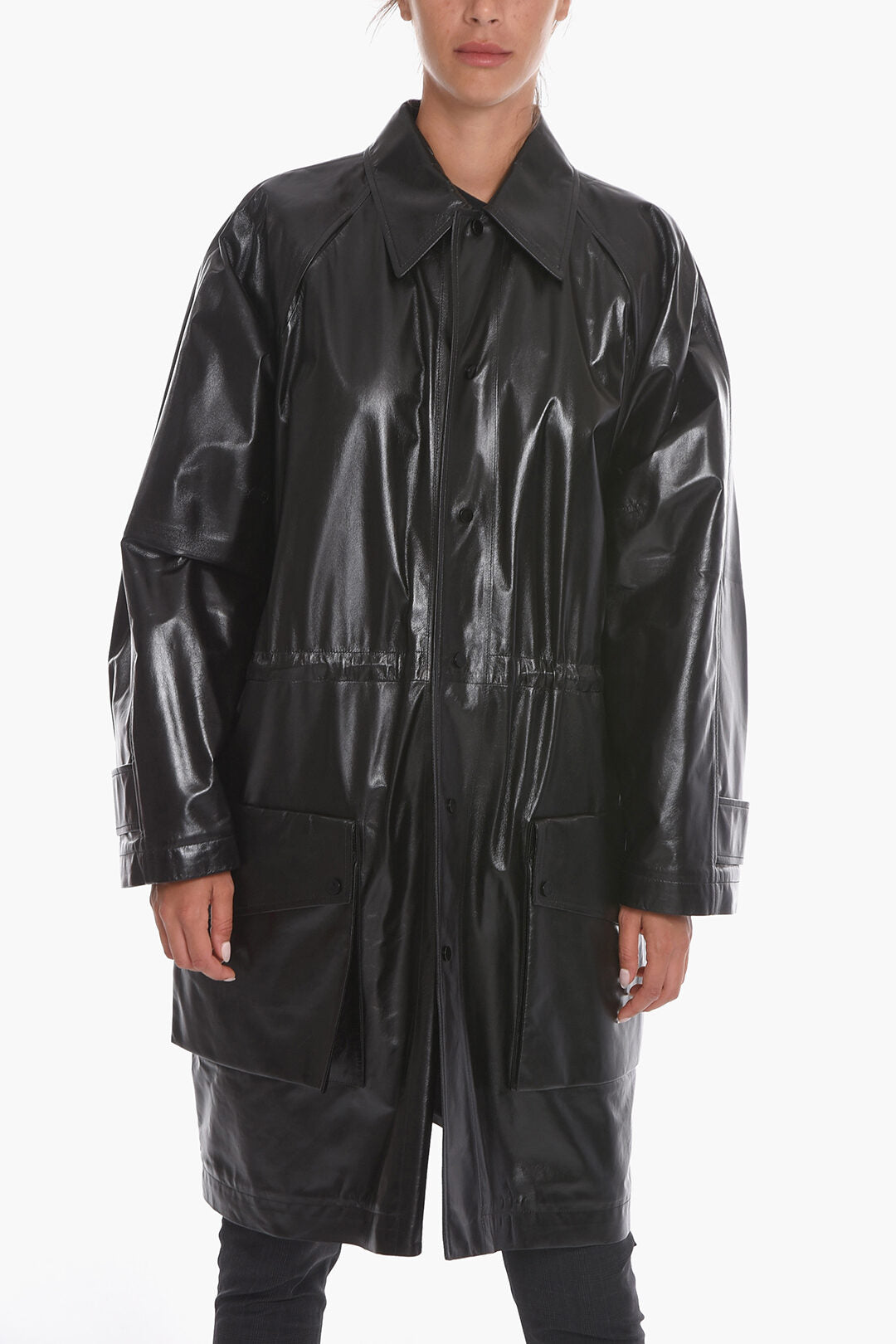 Luxury Bottega Veneta Leather SHINY Coat with Drawstring