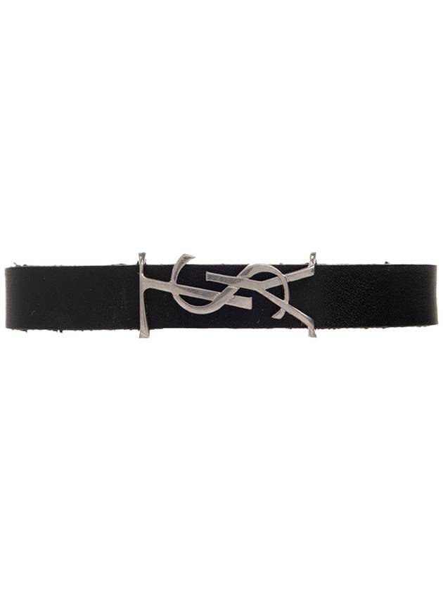 Luxury Saint Laurent Opyum Silver Logo Leather Bracelet Black