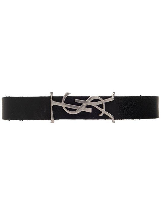 Luxury Saint Laurent Opyum Silver Logo Leather Bracelet Black