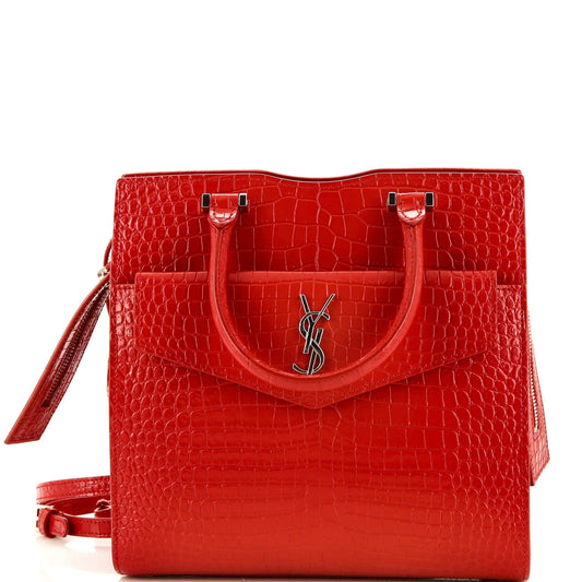 Luxury Saint Laurent Uptown Tote Crocodile Embossed Leather Small